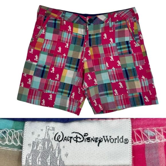 Disney Pants - Disney Mickey Mouse Patchwork Madras Bermuda Shorts Size L